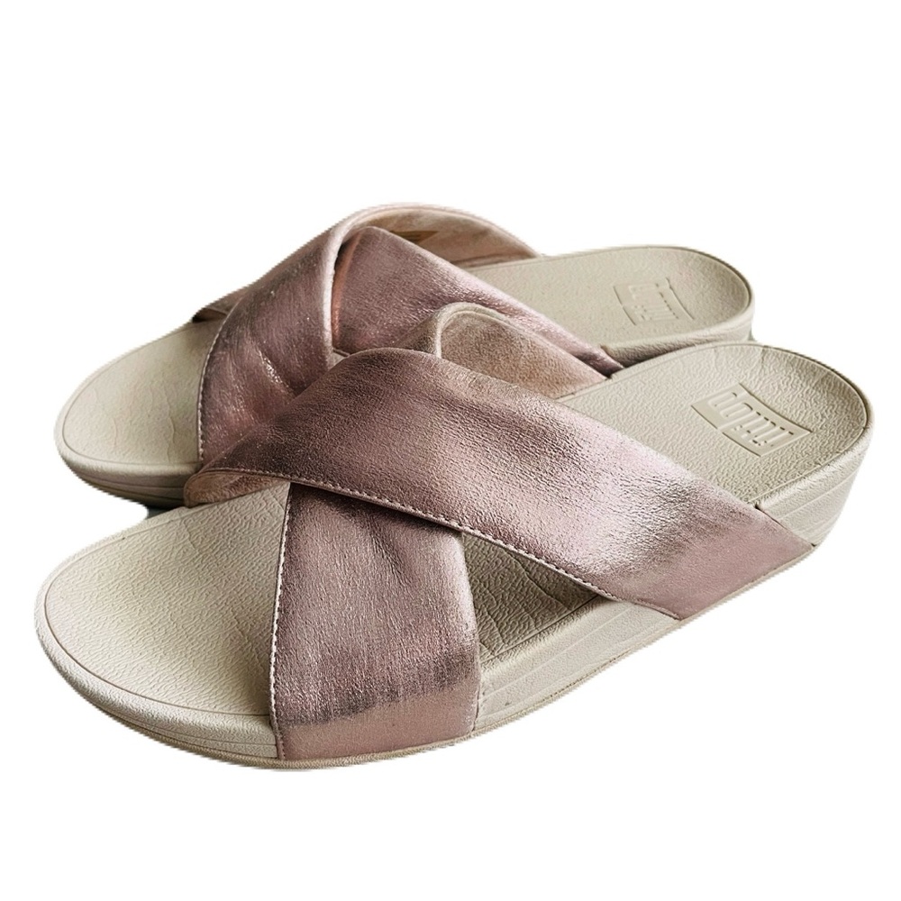 Fitflop Metallic Rose Gold Crisscross Slide Sandals